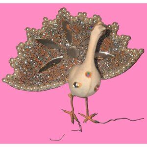 Vintage Handmade Bird Ornament With Pearl & Glitter Detailing Mid Century Peacoc